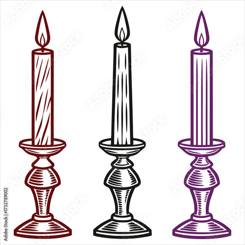 Three burning candles in decorative holders flame light