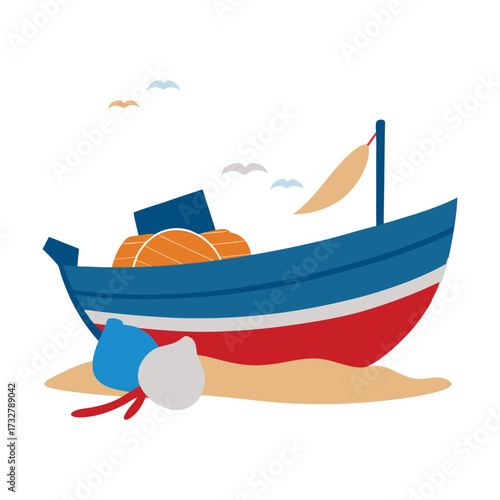 Blue red boat with cargo and birds fishing boat buoys