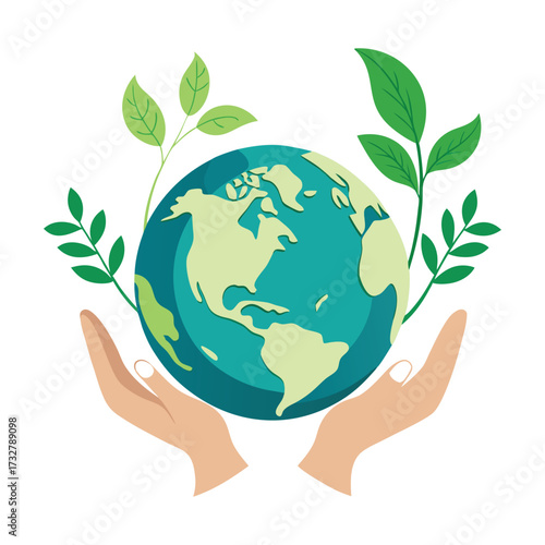 Earth held by hands with green leaves globe holding