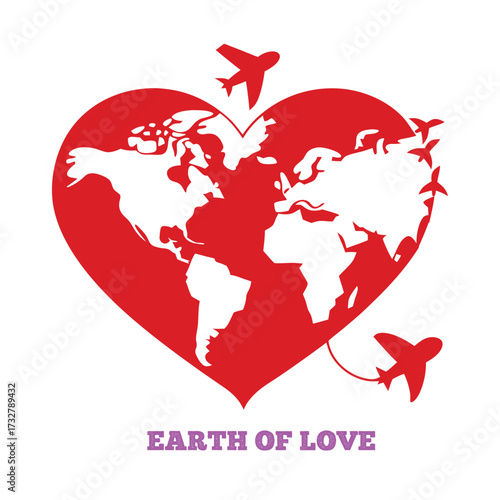 Red heart world map with airplanes travel global