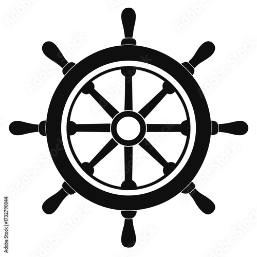 Black nautical steering wheel stands prominently against a white backdrop in stark contrast