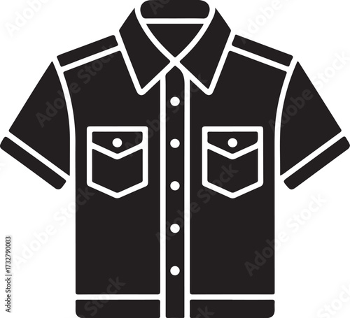Vector illustration of short sleeve button up shirt with collar and chest pockets, simple black silhouette apparel design template for casual fashion, clothing mockup, textile, and garment decoration