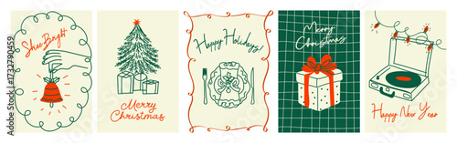 Retro vintage New Year banners. Hand drawn doodle line art posters with people celebrating Christmas.Cute holiday print set for greeting cards, party invitations, and festive decor on beige background