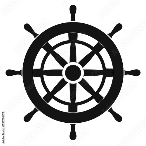 Black ship wheel with eight handles faces front in a crisp, clear view