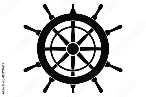 A black ship wheel stands boldly centered, presenting detailed spokes and distinct handles on a white backdrop