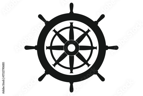 A nautical ship steering wheel features prominent handles in black, set against white background