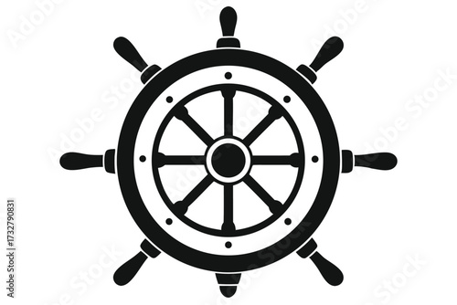 Black ship wheel with eight handles suggests navigation and seafaring adventures on the ocean