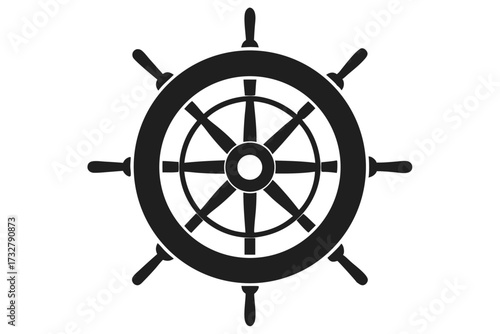 A nautical ship wheel stands out beautifully in its simple, bold, black presentation