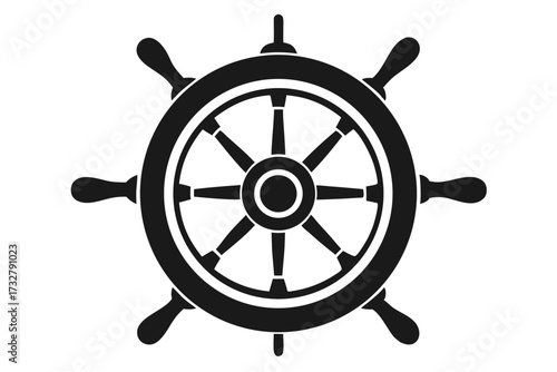 Isolated black ship wheel with eight handles commands attention against a stark background