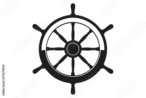 Black boat steering wheel features six handles and circular design on an isolated white background