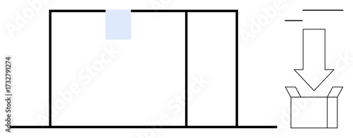 Sliding box mechanism under a downward arrow entering an open package. Ideal for logistics, delivery, e-commerce, warehouse, process management, organization, supply chain, simple flat metaphor