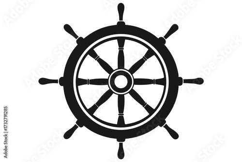 A bold monochrome shows a classic ship's wheel against a white backdrop