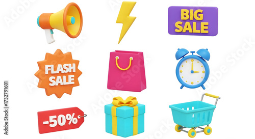 Collection of sale and shopping icons including a megaphone, lightning bolt, big sale sign, flash sale, shopping bag, alarm clock, discount tag, gift box, and shopping cart, isolated on transparent ba