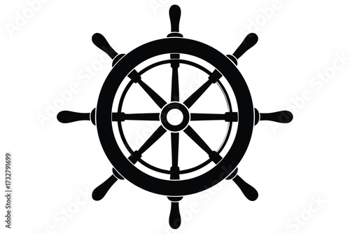 Nautical black steering wheel with eight spokes represents a seafaring adventure and history