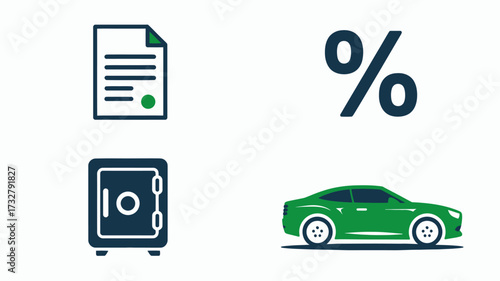 Financial icon set with contract percentage sign safe and car simple vector illustration for business and banking isolated on white background