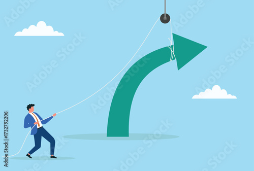 Vector illustration of a businessman pulling a rope to lift a rising arrow upward, symbolizing growth, progress, effort, success, business development, and achievement
