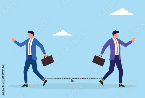 Vector illustration of two businessmen chained together with the same chain, symbolizing shared constraints, dependency, teamwork struggles, business challenges, and partnership limits
