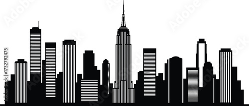 Black and white city skyline silhouette featuring iconic skyscrapers, urban architecture, and metropolitan landscape for design, business, or educational use.