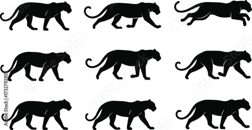 Black Panther Silhouette Vector Series Showing Walking and Running Motion in Grid Layout for Wildlife, Anatomy, and Animation Reference Design