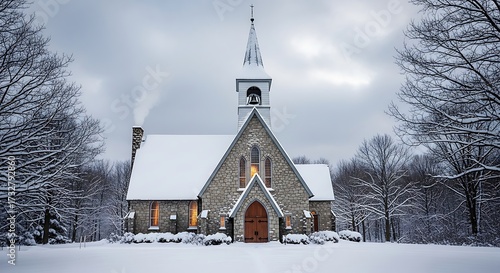 Snowy Church in Winter Landscape.