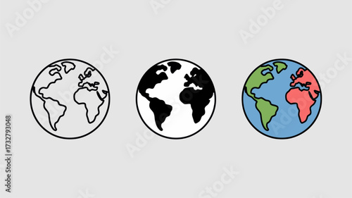 Set of globe icons minimalist flat vector design depicting earth in different styles isolated on white background