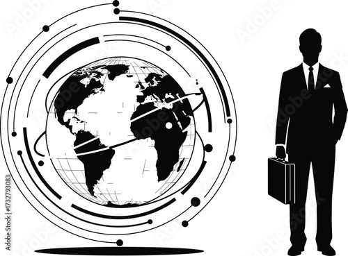 Global business concept illustration with globe and suited figure—ideal for international commerce, connectivity, corporate presence, and digital strategy themes.
