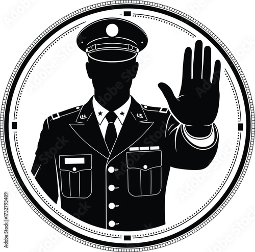 Military officer silhouette with raised hand and decorated uniform—ideal for authority, command, security, emblem design, and regulatory themes.