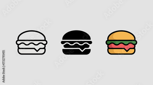 Burger icon set including outline solid and color versions vector illustration for food apps and restaurant websites