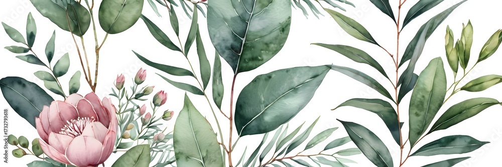 Obraz premium Tropical protea blossoms and eucalyptus greenery, seamless floral pattern in watercolor style.