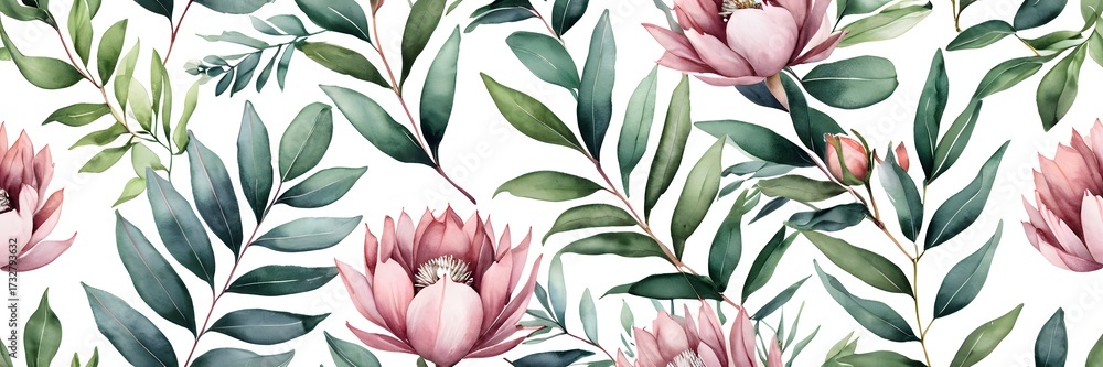 Obraz premium Elegant protea blossom with eucalyptus leaves, watercolor botanical illustration on white background.