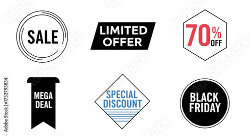 Collection of sale and discount badges including sale, limited offer, 70 off, mega deal, special discount, and black friday isolated on transparent background