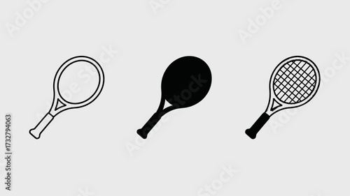 Tennis racket icon set vector illustration in outline solid and grid styles for sports equipment design