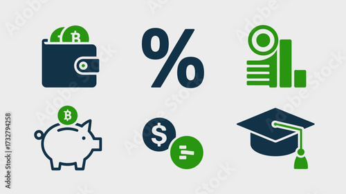 Financial vector icon set including wallet percentage piggy bank and graduation cap simple flat design for business and education infographics