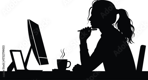 Silhouette illustration of person working at desk with computer, coffee, and tablet—ideal for productivity, study, and creative workspace themes.