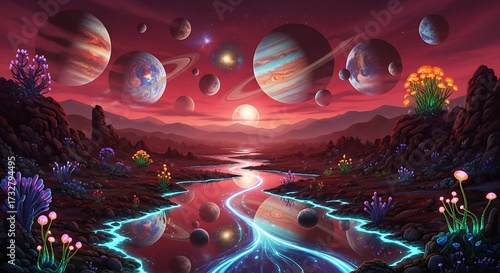 Vibrant Alien Landscape: Multiple Planets, Ringed Gas Giants, Luminous River, and Exotic Glowing Flora under a Red Sky