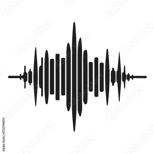A black audio waveform presents rhythmic sound variations across a white background, visualizing fluctuating frequency