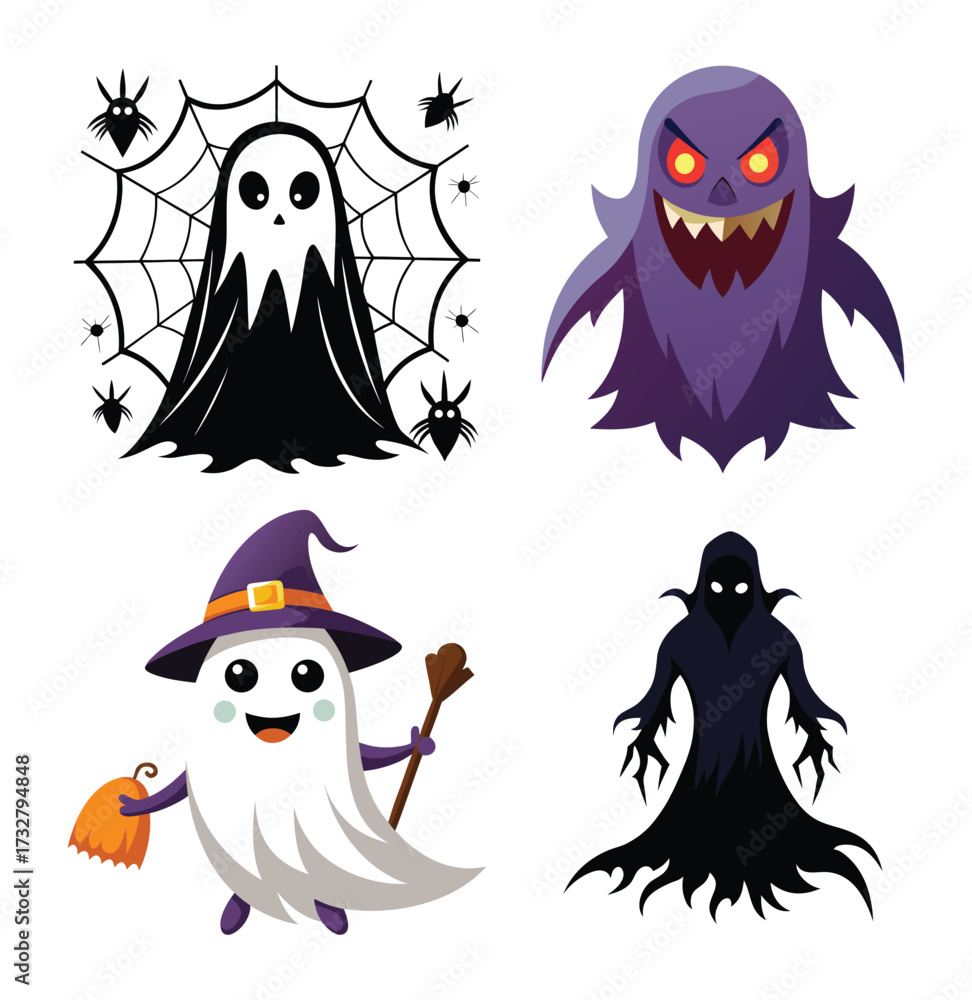 Obraz premium A vector illustration set of Halloween icons and monsters like a witch, bat, ghost, and pumpkin on a dark sky night near a haunted house or castle
