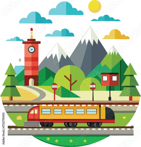 Train at a station with a clock tower and mountainous backdrop