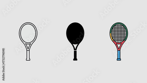 Tennis racket vector icon set simple line and filled glyph design isolated on white background
