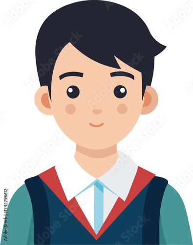 Cartoon boy with black hair and blue vest child student