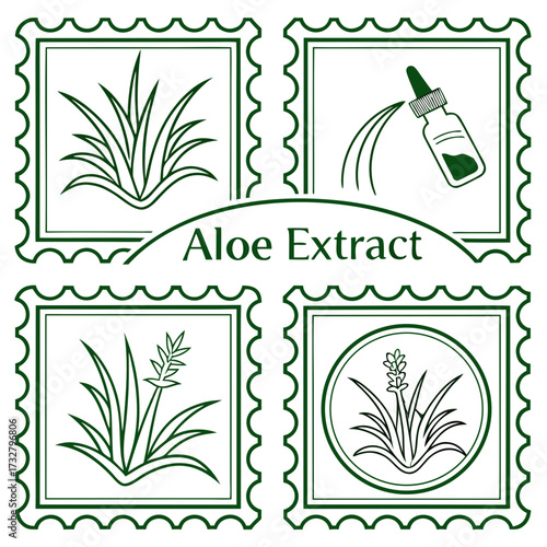 Stamps for packaging of cosmetic products. The label is aloe vera extract. Plant icon with flowing ingredient line. Aloe extract. Vector set.