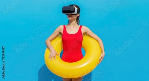 A woman in a red swimsuit and VR headset stands in front of a blue background with a yellow inflatable ring