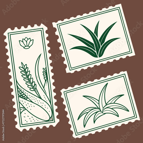 Stamps for packaging of cosmetic products. The label is aloe vera extract. Plant icon with flowing ingredient line. Aloe extract. Vector set.