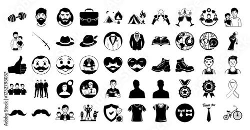Vector art of collection of diverse icons representing mens lifestyle, professions, hobbies, and symbols