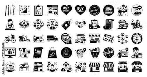 Vector art of collection of black and white icons representing various business and commerce concepts, including shopping, delivery, customer service, and online retail