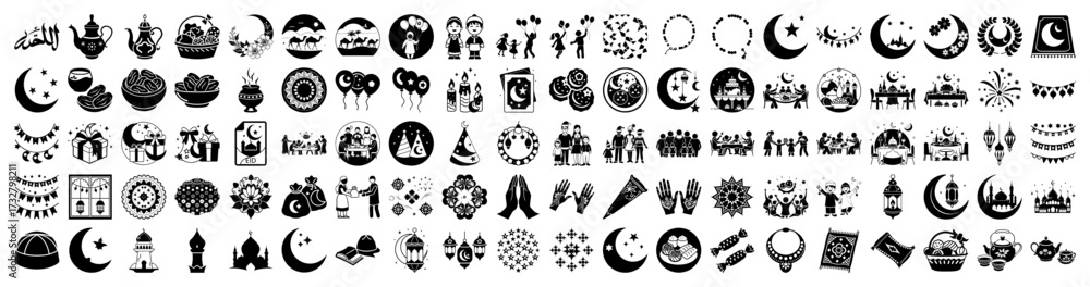 Obraz premium Vector art of collection of islamic and ramadan icons, including crescent moons, lanterns, mosques, prayer beads, and people celebrating