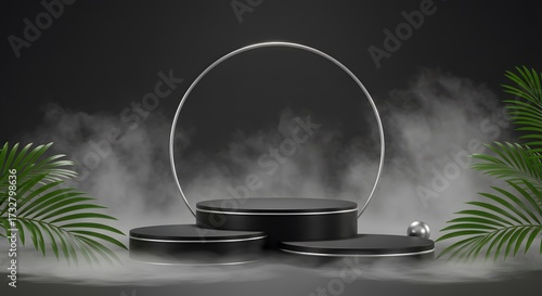 3D rendering of a product display podium stage set against a dark, smoky background with palm leaves