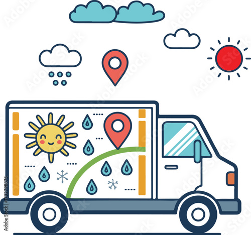 Weather Forecast Delivery Truck with Location Markers Illustration