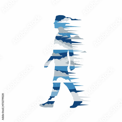Conceptual art of a human silhouette filled with a dreamy cloudscape, walking and dissolving into the wind