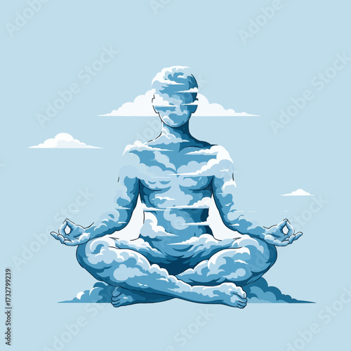 Conceptual illustration of a human figure made of clouds meditating in a serene lotus pose, symbolizing spiritual tranquility and mindfulness